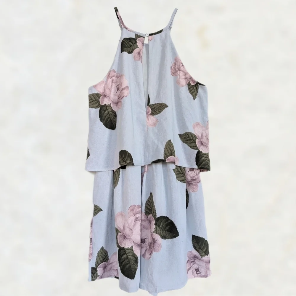 Blue-Gray Halter Neck Keyhole Back Pink Floral High Waist Shorts Romper - sz M